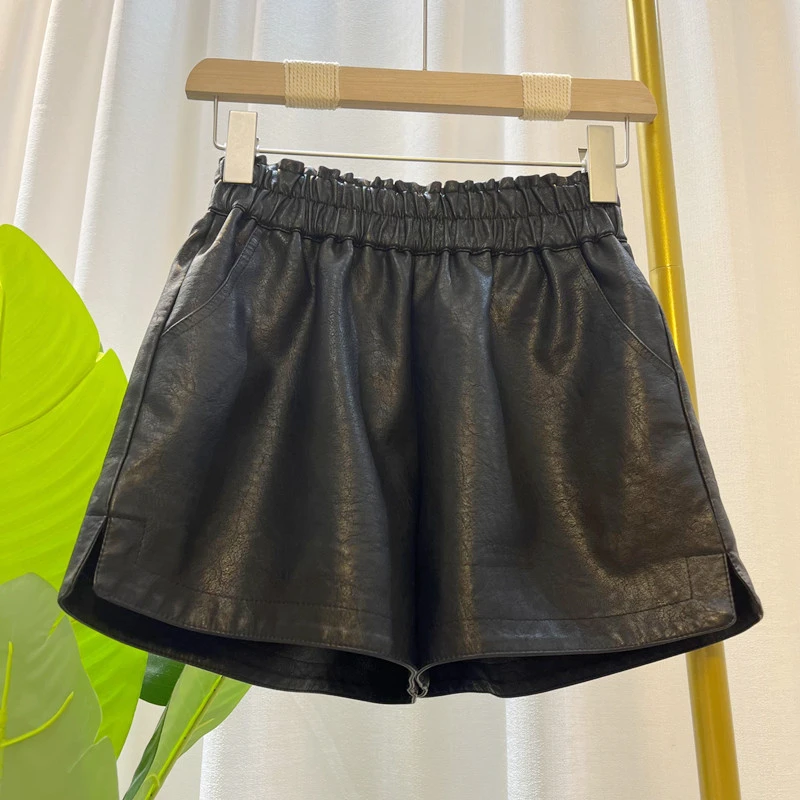 高腰Az字皮短裤女秋冬 新款韩版宽松百搭松紧腰皮裤靴裤潮