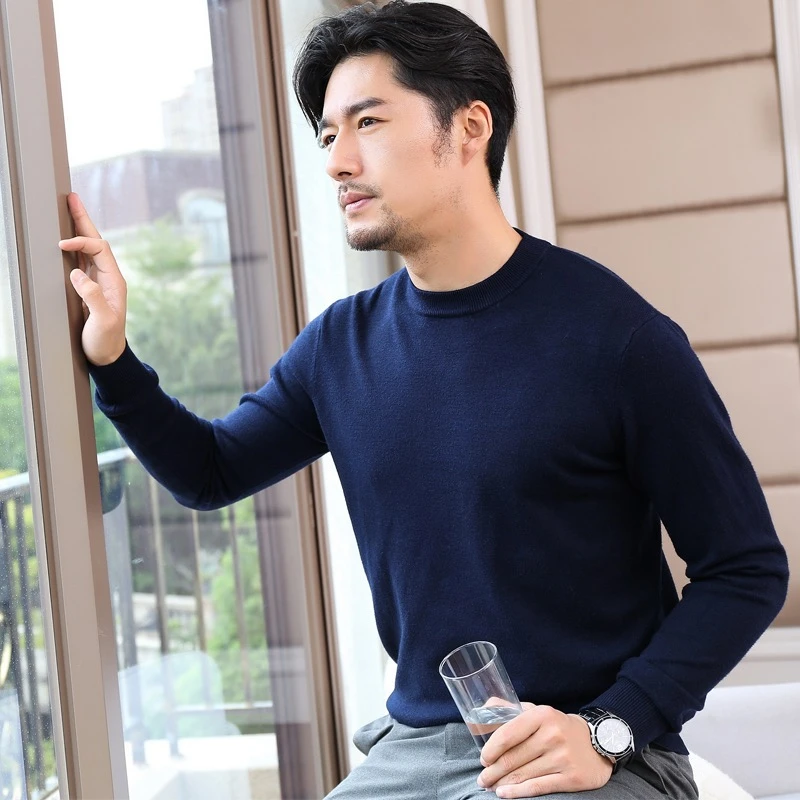 新款男宽松圆领毛衣秋冬韩版加厚保暖男士休闲打底针织衫
