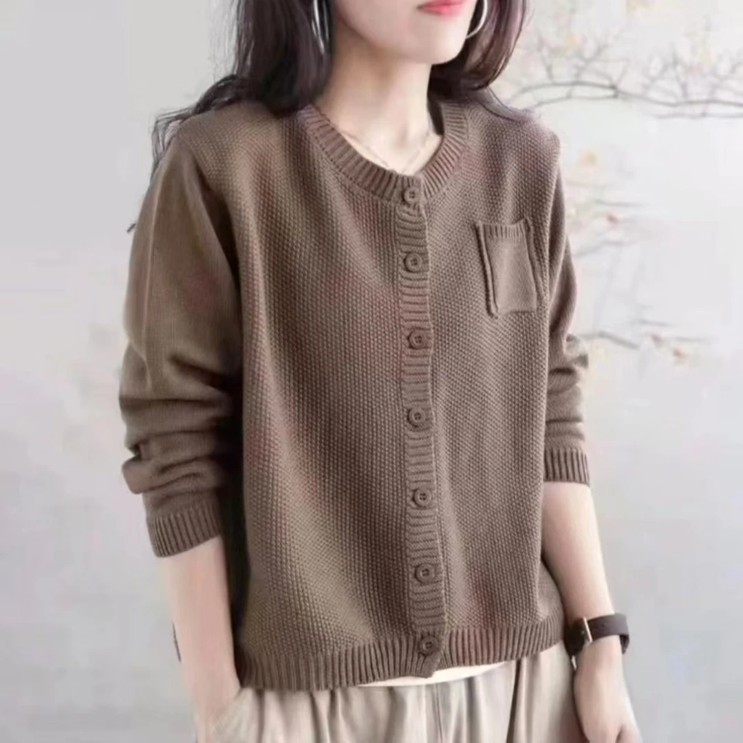 2024新款时尚百搭洋气潮流复古开衫毛衣圆领单排扣女士针织长袖