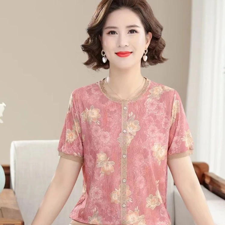 春夏新款妈妈装夏装弹力显瘦圆领小衫中老年百搭时尚洋气薄款气质