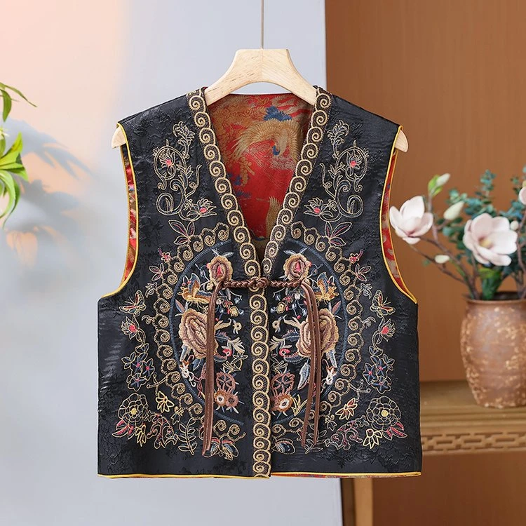 2024早春新款中国风休闲百搭精工重工刺绣无袖双面双穿马甲中式女