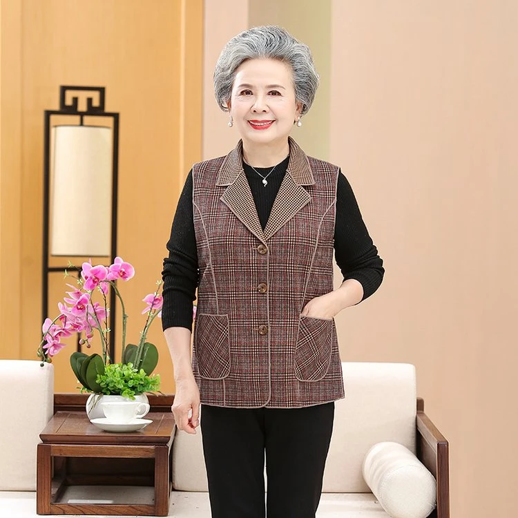 中老年春装新款马甲奶奶装宽松格子老人大码百搭洋气妈妈装春秋款