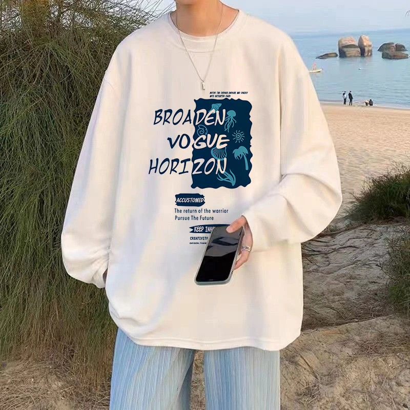 港风长袖t恤男薄款春秋季潮牌白色圆领百搭宽松韩版ins印花体恤衫