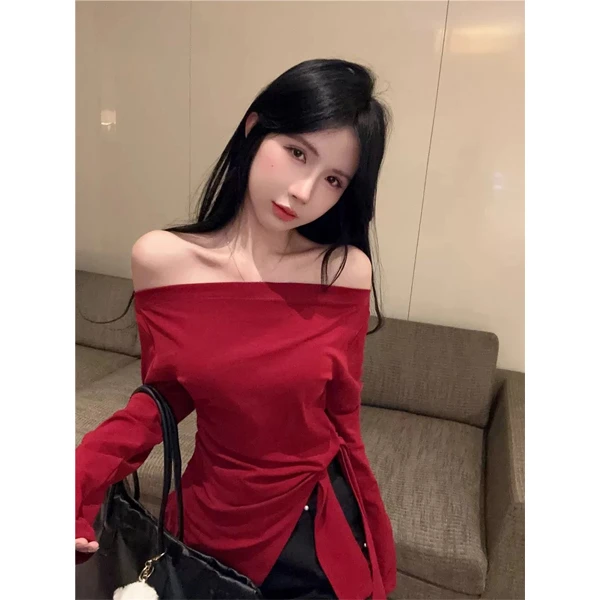 迈沃格设计感气质绑带斜肩T恤小衫女不规则收腰显瘦长袖打底上衣