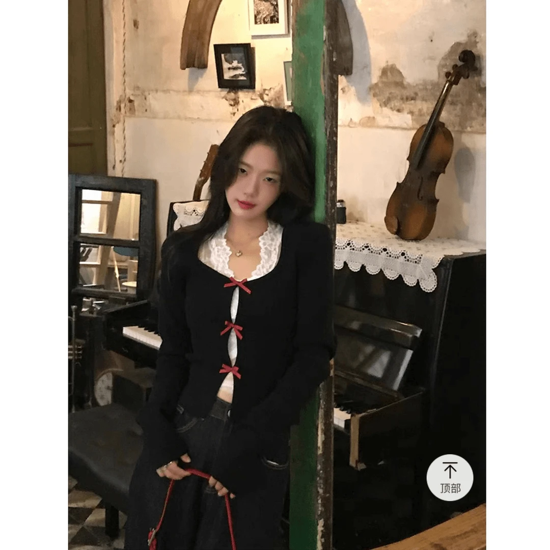 迈沃格秋季高级感黑色套头设计感小众蝴蝶气质打底针织结长袖上衣