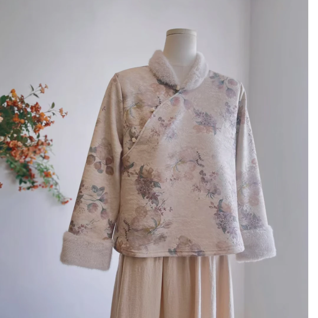 4069《花韵》新中式国风秋冬复古加厚印花袖长气质夹棉上衣