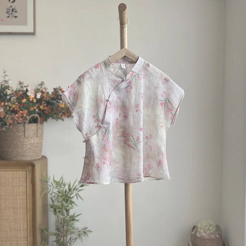 3667《落花几泱泱》夏季新中式100支苎麻衬衫气质甜美印花文艺上衣