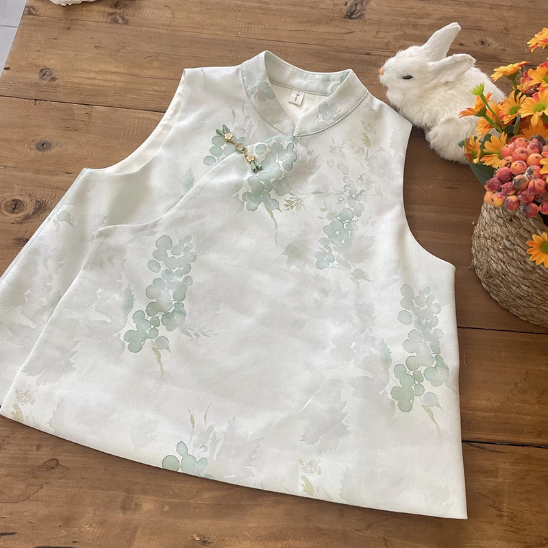 3838《青衫酒》原创国风无袖印花外穿马甲新中式盘扣马夹