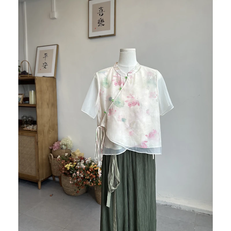 3343《南栖》原创新中式国风衬衫女夏季印花立领珍珠扣短袖上衣