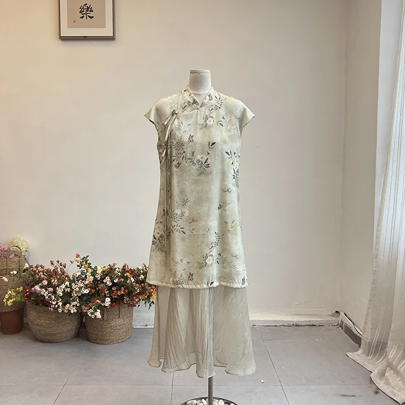 33401《温茶渡舟》新中式复古轻清冷感气质裙子国风风碎花连衣裙