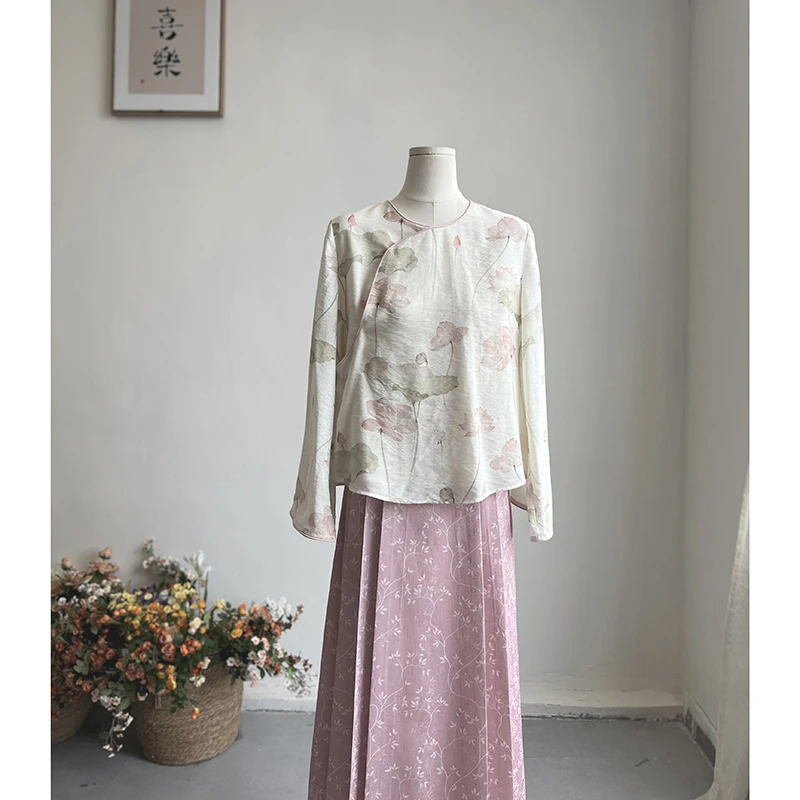 3309《溦雨过荷》原创淡雅荷花印花复古圆领复古绑带国风上衣