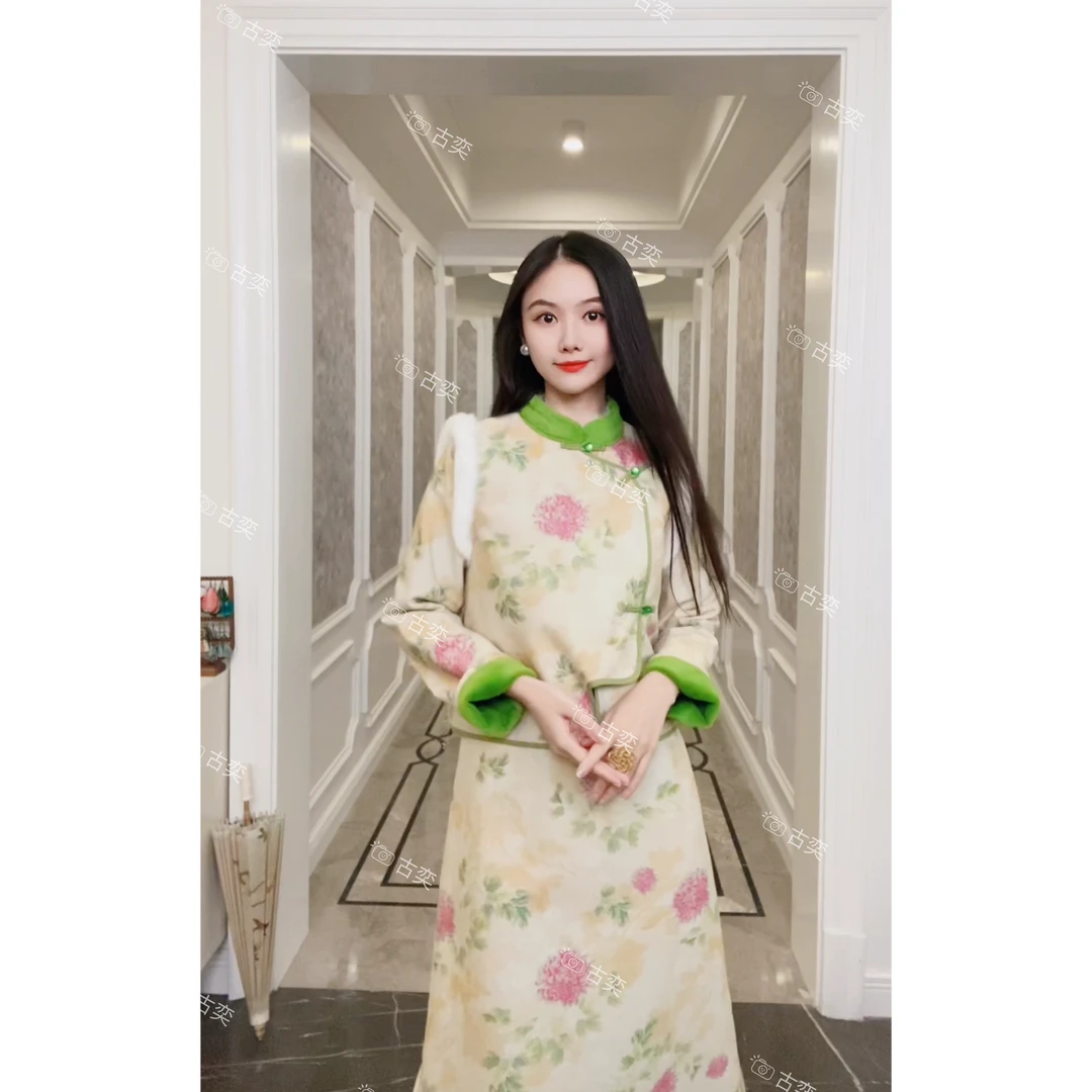 「古奕」《粉团语》原创冬季国风美学设计重工獭兔毛复合雪兰貂绒马夹