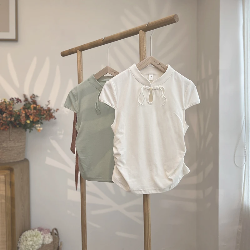 3495《清洛》原创时尚新中式琵琶盘扣水滴镂空打底衫优雅气质上衣