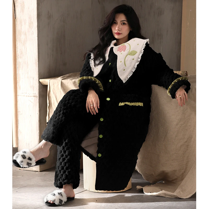 纯禧【花丛-夹棉】原创加绒加厚时尚加长款女款睡衣家居服套装女士