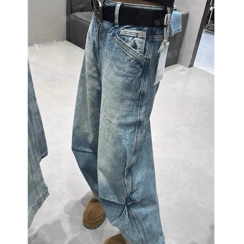 欧洲站侧面褶皱设计水洗复古美式宽松直筒裤女显瘦水洗蓝色牛仔裤