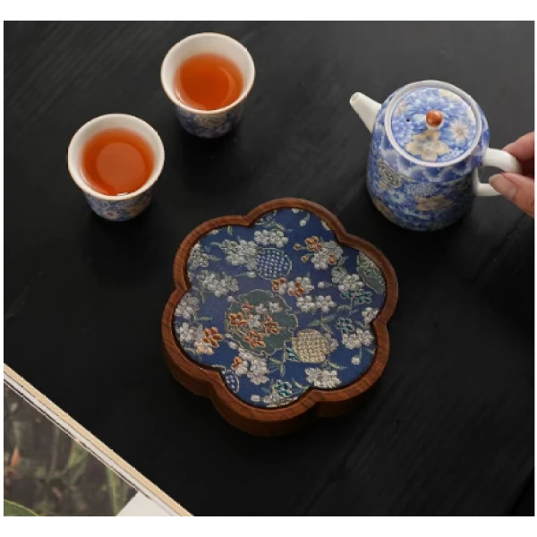 藏蓝色苏绣梅花壶承82A干泡盘