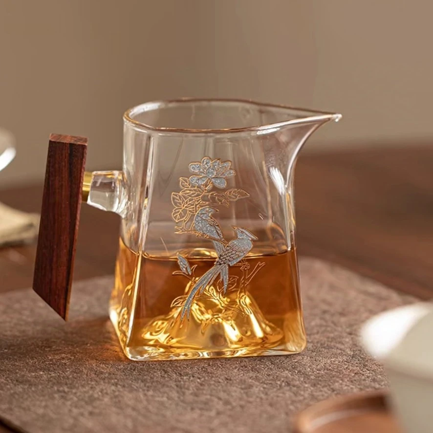 高硼硅玻璃木把观山公道杯防烫耐高温喜上眉梢分茶器【木把】100