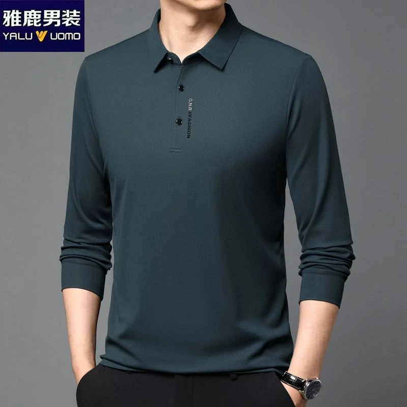 雅鹿男装春秋新款男士长袖T恤翻领纯色中年上衣螺纹格百搭polo衫
