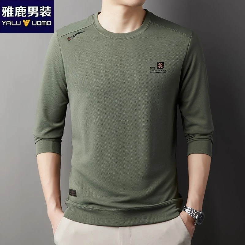 雅鹿男装男士圆领卫衣春秋新款长袖t恤高档薄款纯色t恤男装上衣