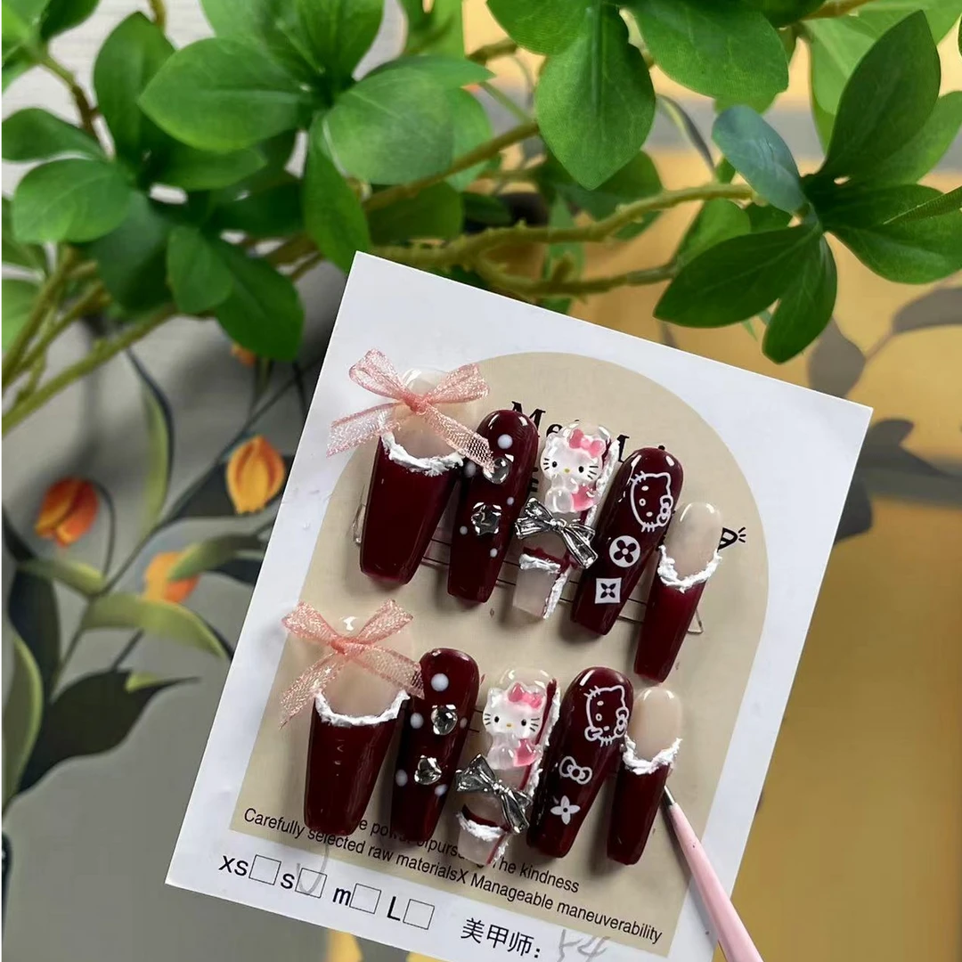 72【酒红Kitty】纯手工穿戴甲长梯美甲甲片