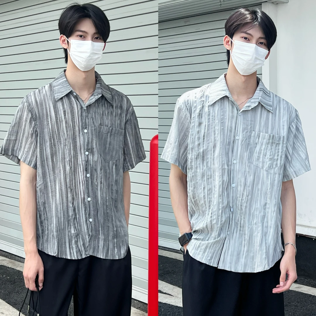 竖条复古做旧高级感薄款痞帅短袖衬衫男韩版休闲宽松简约纯色