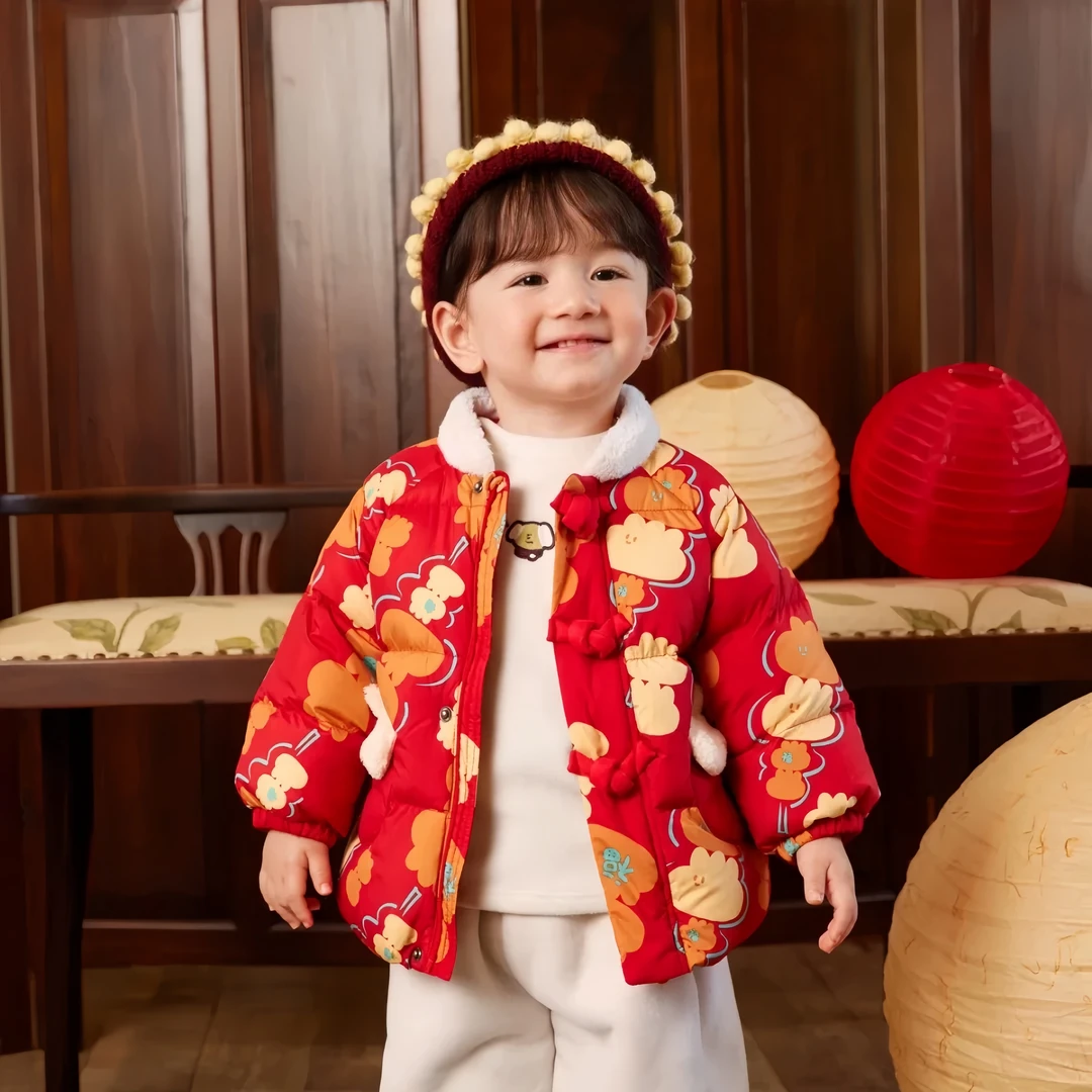婴儿羽绒服男女宝宝冬季红色拜年服2024新款中国风加厚保暖外套