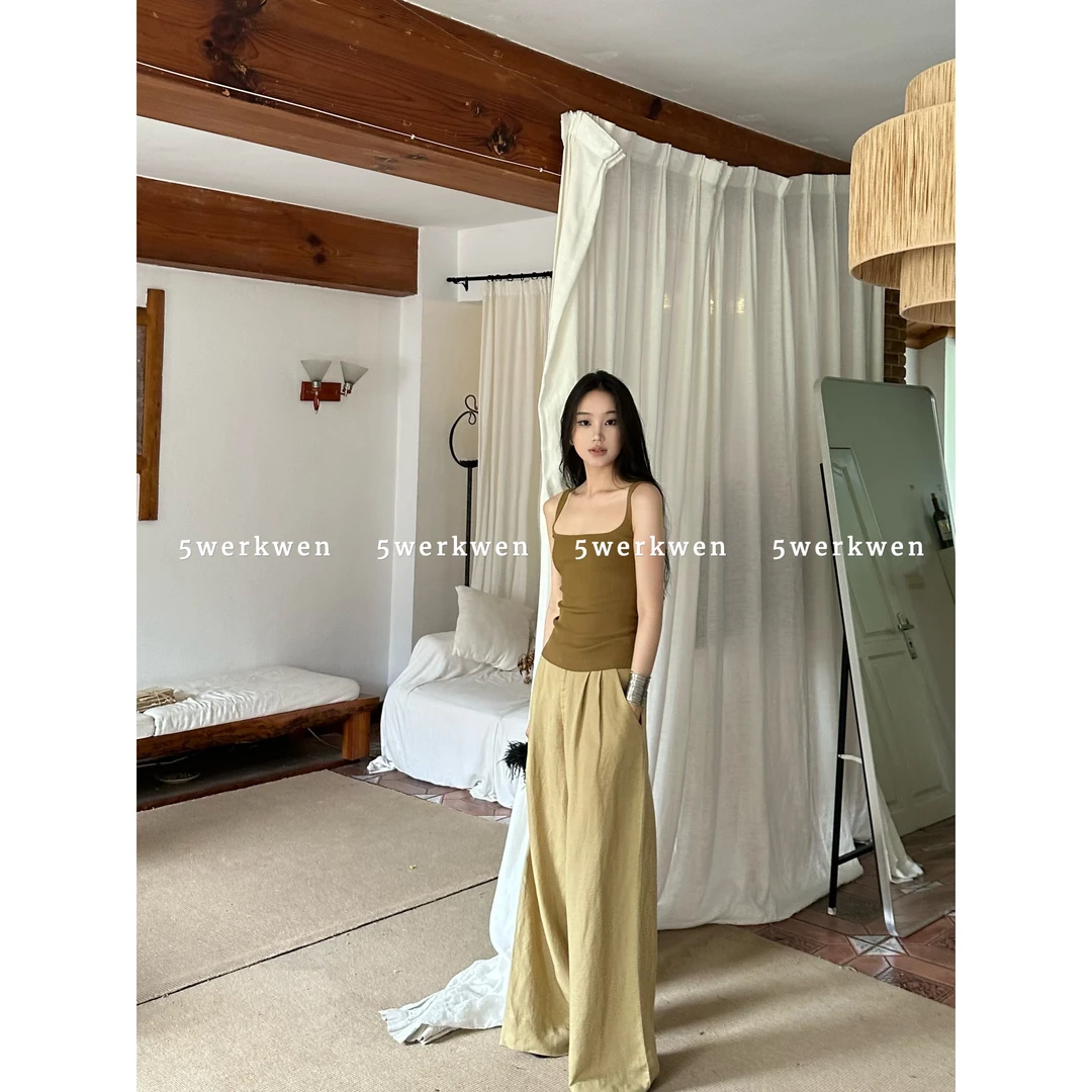 5werkwen芥末黄莱塞尔亚麻阔腿裤