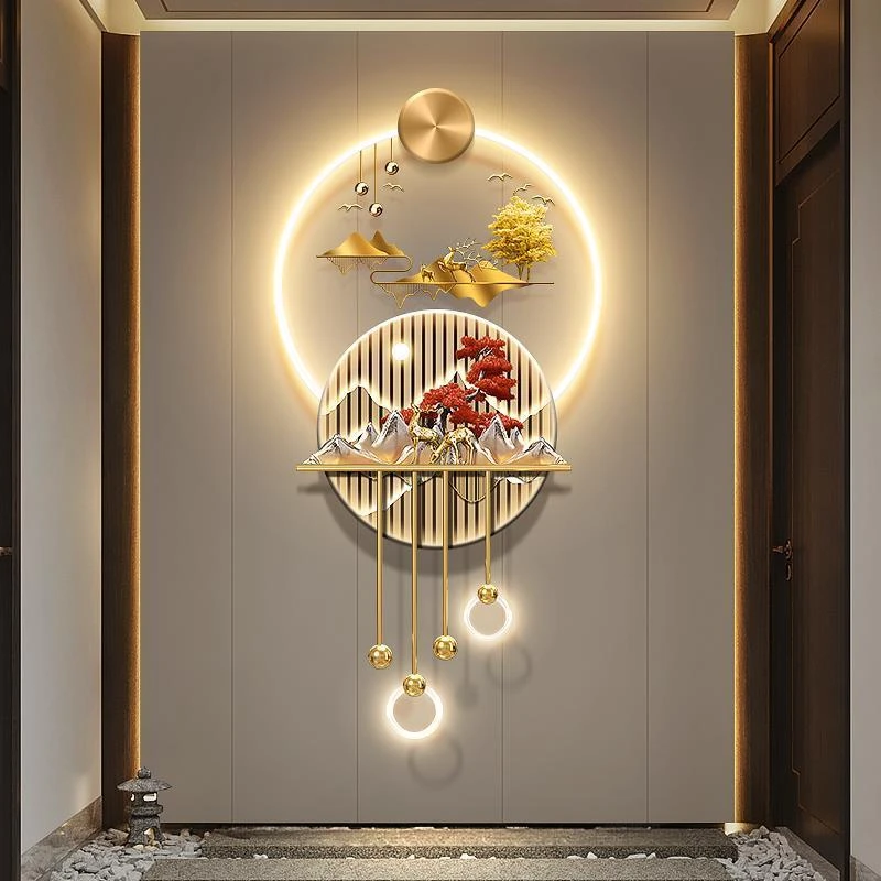 轻奢玄关麋鹿装饰画走廊尽头发光带灯挂画高档吊坠立体灯饰壁饰画