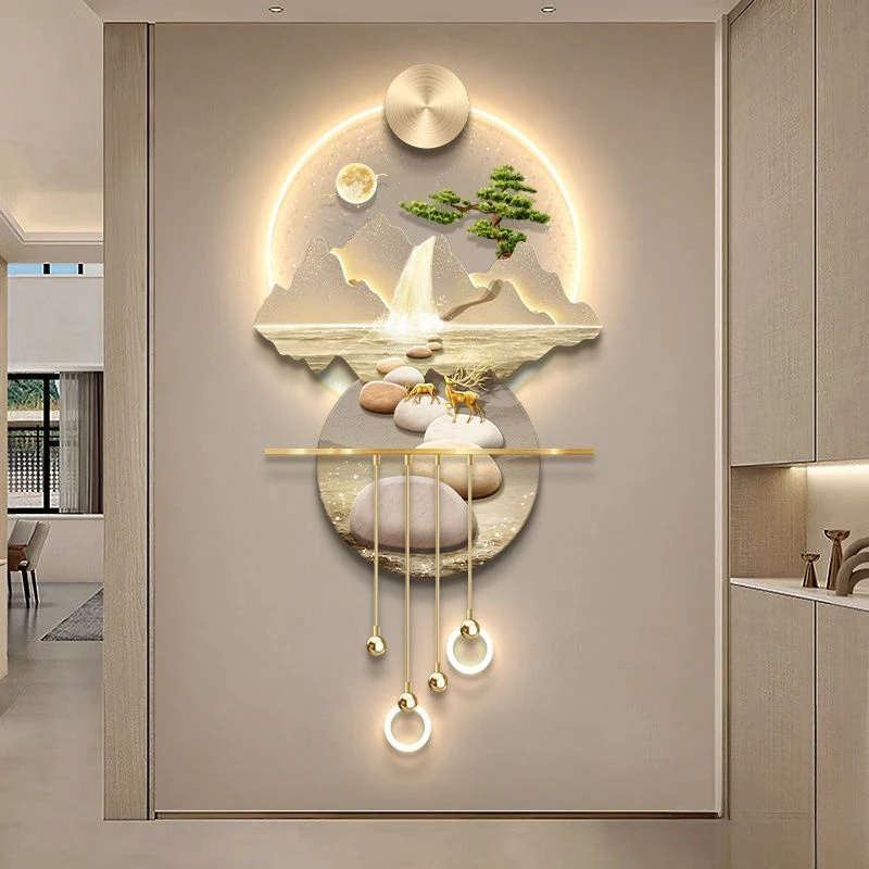 现代轻奢背靠金山玄关过道走廊装饰画入户进门楼梯高档大气壁画灯