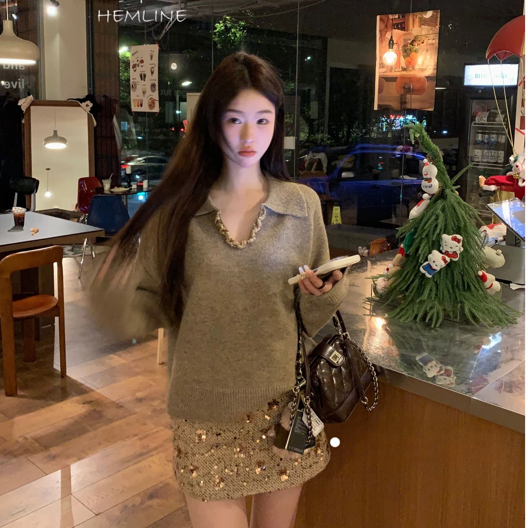 重工编织翻领毛衣冬季亮片v领内搭高级感慵懒风翻领针织衫上衣