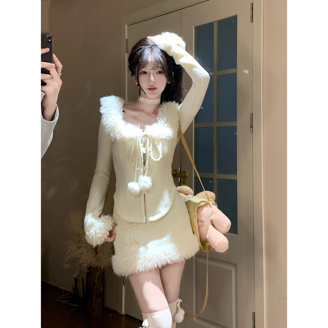 瑞茜·威瑟斯 雪域精灵 秋冬纯欲风显高显瘦毛球上衣短裙R3251-1W