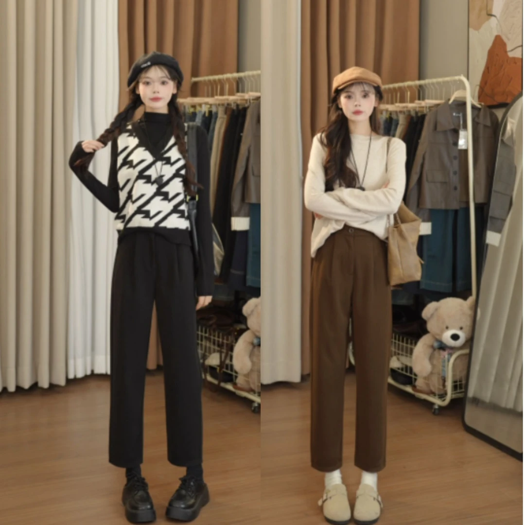 春季新款八分九分毛呢裤小个子直筒老爹裤子