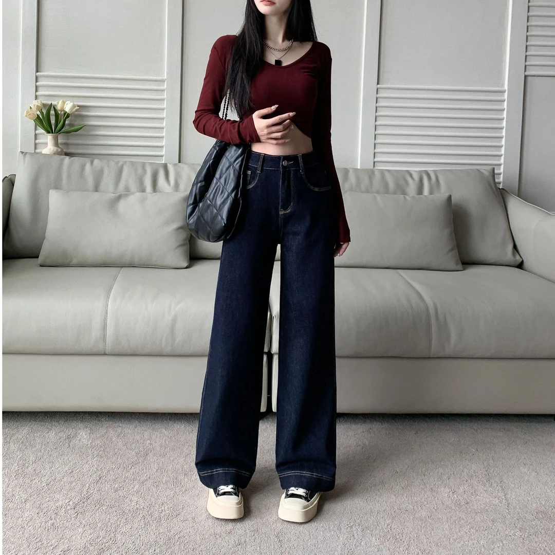 2024秋季复古深蓝小个子女款裤子高腰显瘦阔腿裤