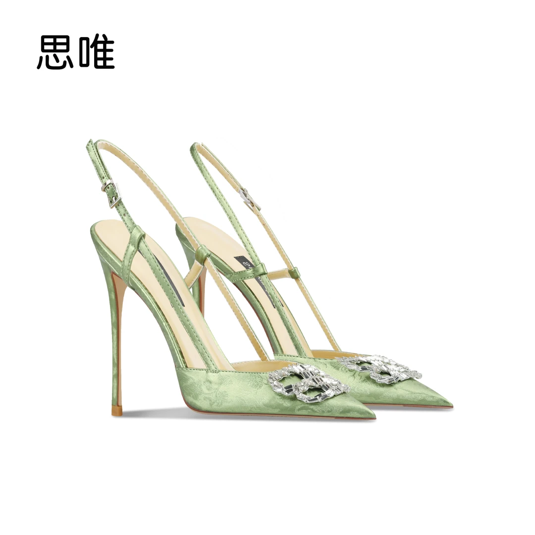 草绿色一字带边扣凉鞋女2025年新款细跟尖头钻扣国风时尚单鞋