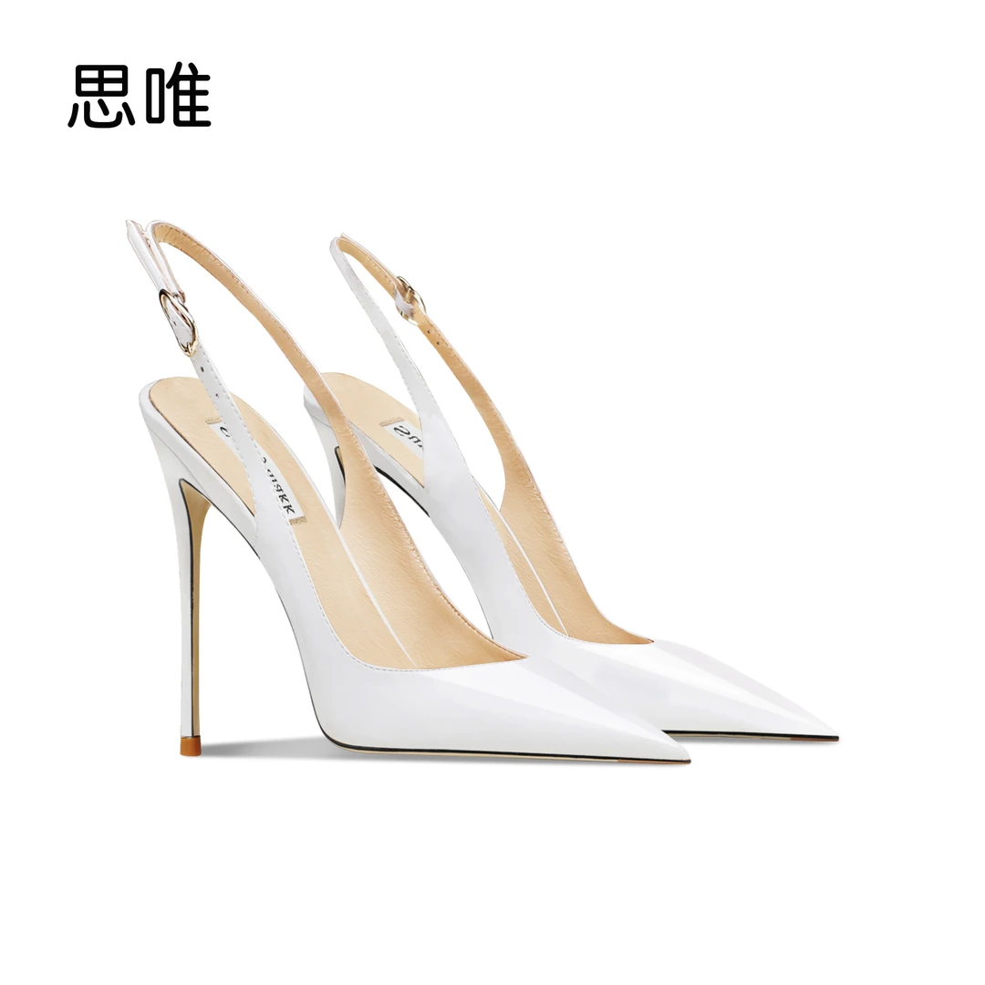 思唯白色一字式扣带包头凉鞋女2025年新款细跟后空职业OL百搭单鞋