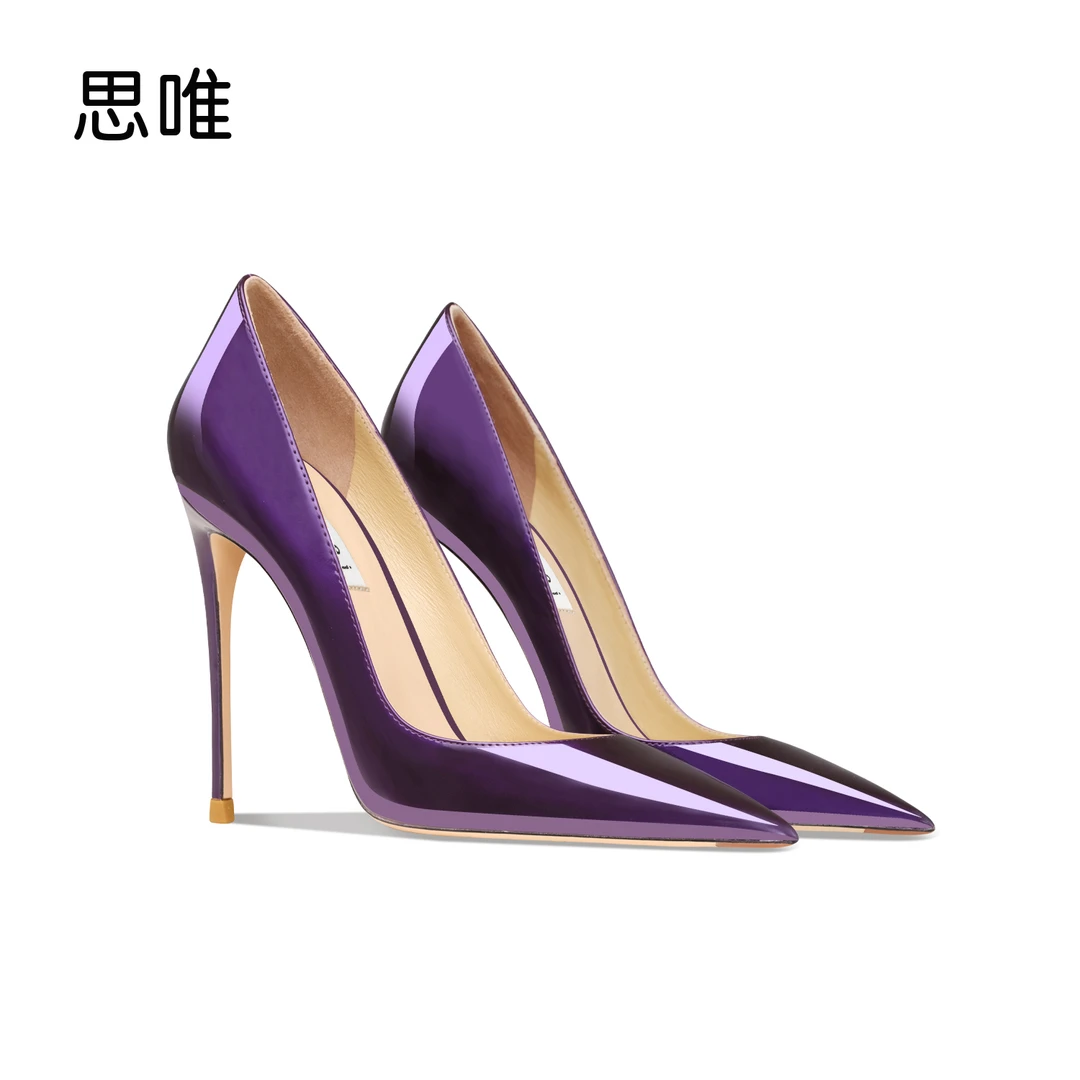 思唯气质紫色高跟鞋女细跟浅口尖头2024年新款性感漆皮亮皮高跟鞋