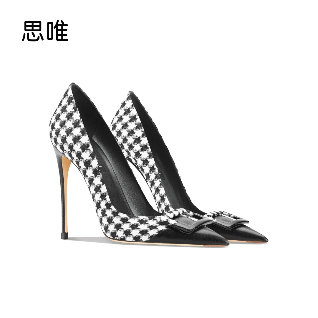 黑色方扣高跟鞋女2024年新款尖头浅口细跟格子小香风时尚单鞋气质