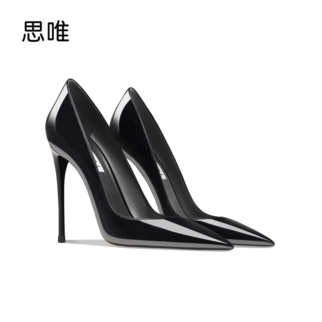 黑色漆皮高跟鞋女2025年新款细跟尖头浅口一脚蹬职业气质百搭单鞋