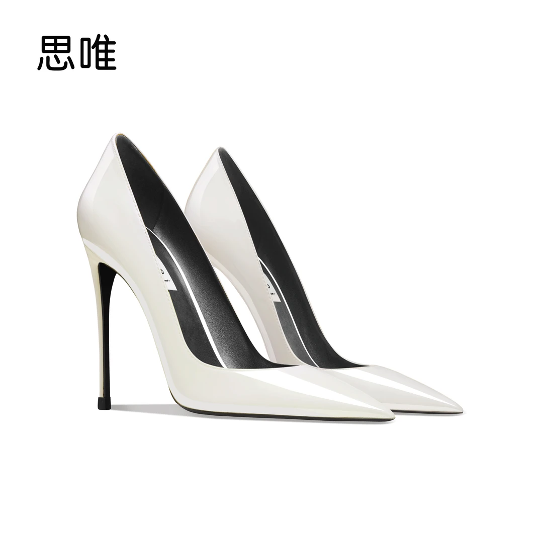 米白色漆皮高跟鞋2025年新款细跟尖头浅口ol性感时尚通勤百搭气质