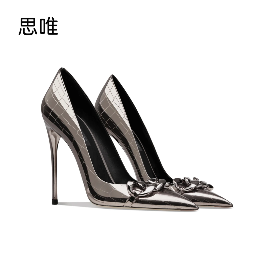 枪色漆皮金属跟钢跟高跟鞋女2025年新款尖头格纹浅口气质单鞋时尚