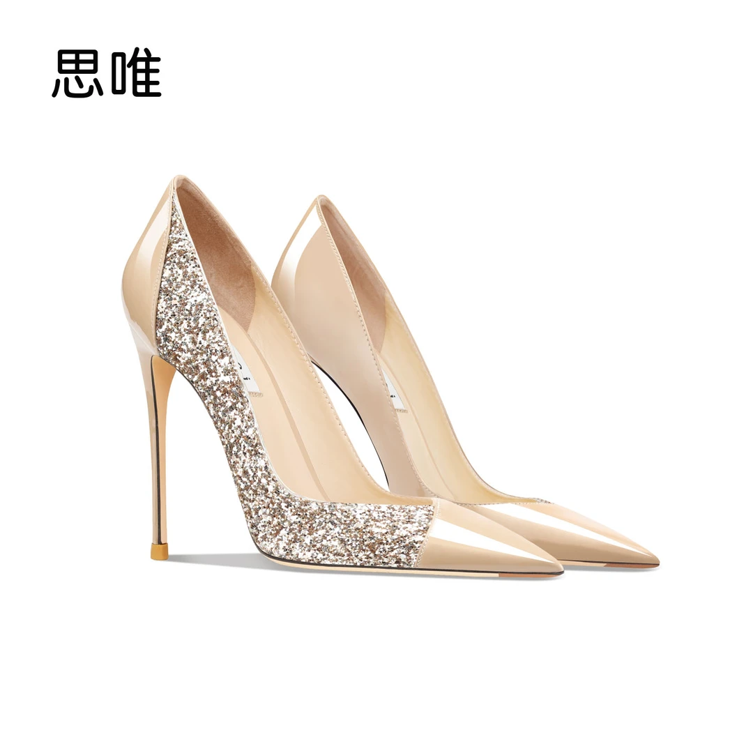 百搭气质裸色漆皮V口拼接亮片高跟鞋女2025年新款细跟时尚单跟鞋