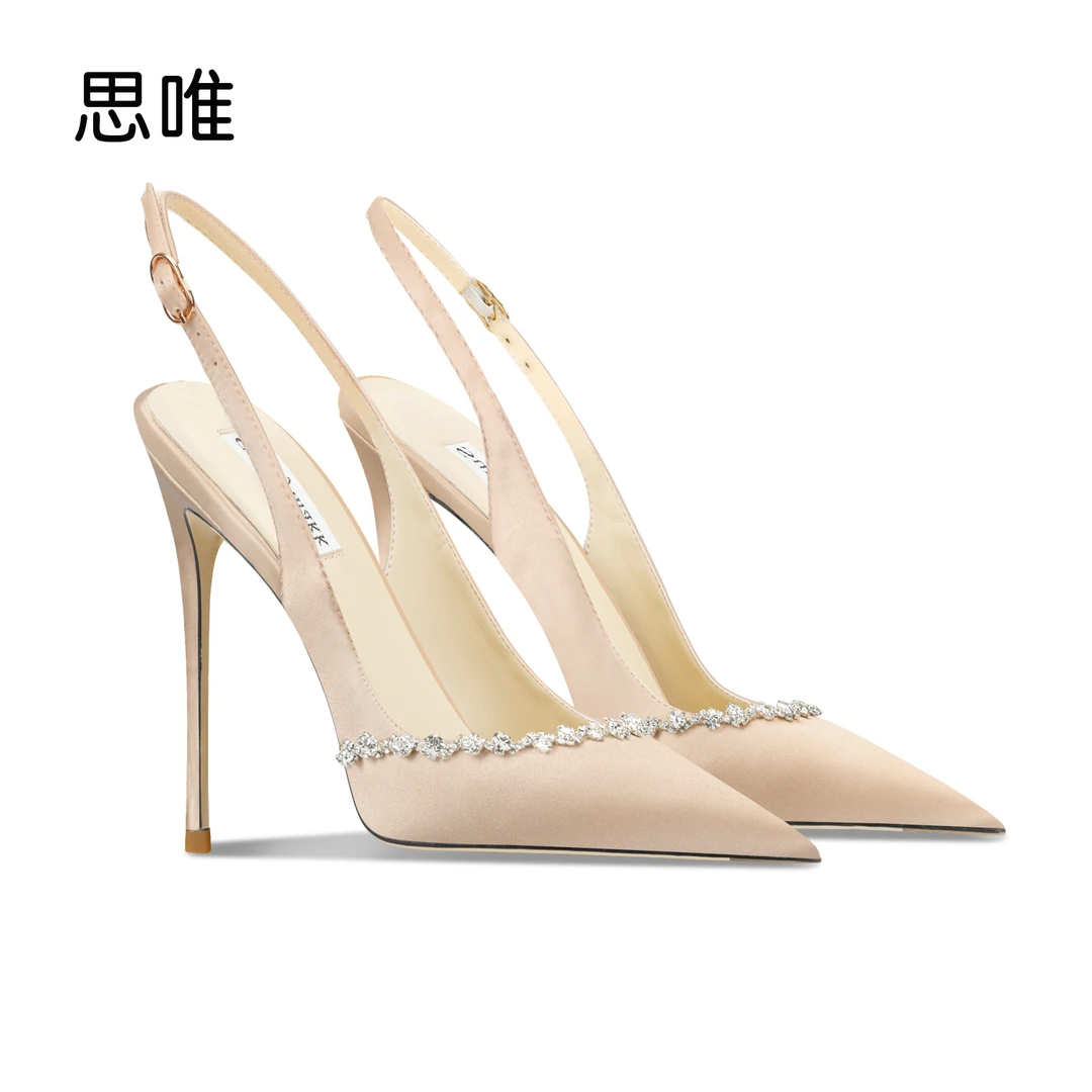 【崔崔专属】裸色绸缎一字式扣带凉鞋2025年新款尖头水钻时尚单鞋