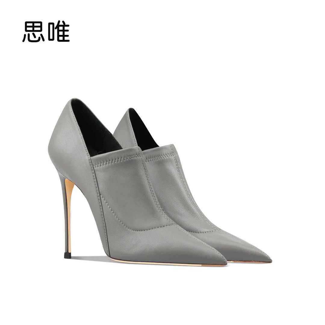 灰色短靴女尖头细跟及踝靴2025新款秋冬新款单靴深口加绒高跟裸靴