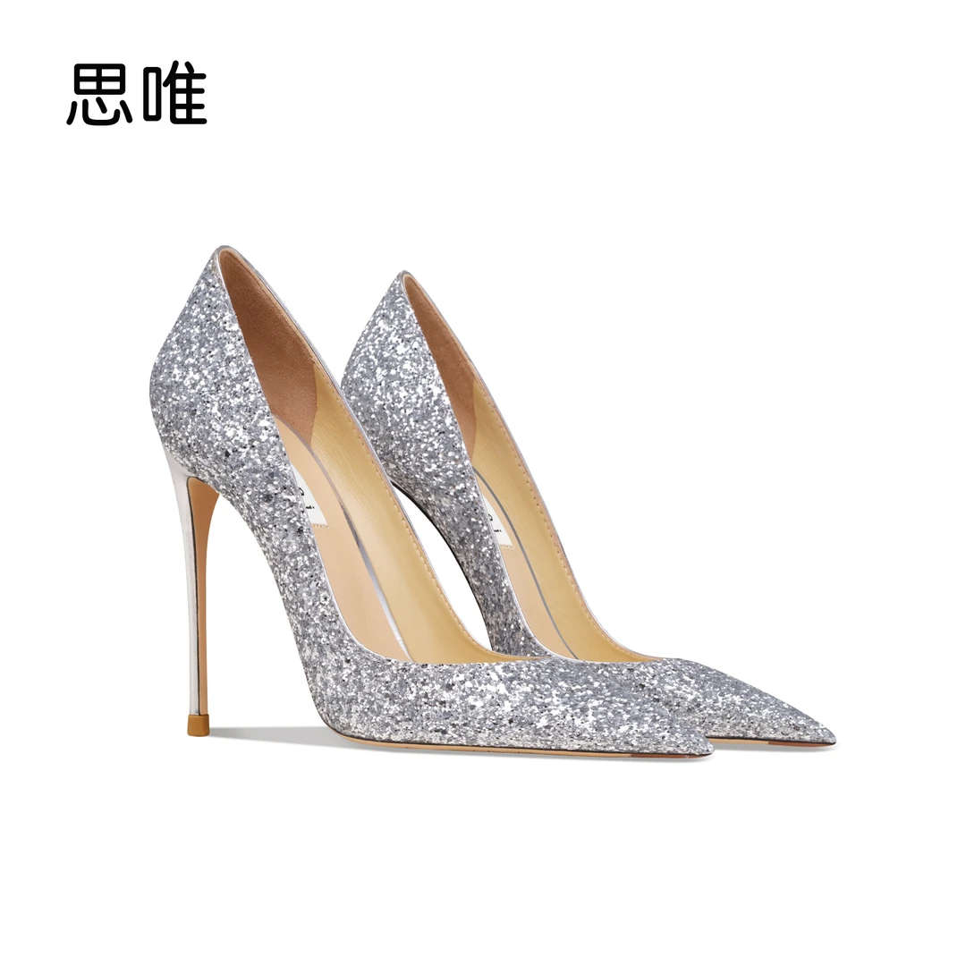时尚银色亮片高跟鞋女2025年新款水晶细跟伴娘鞋婚纱宴会单鞋尖头
