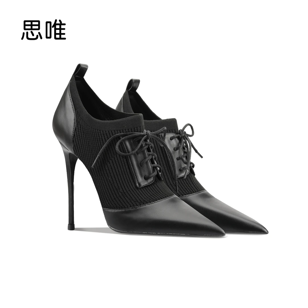 黑色编织绑带高跟鞋女2025年新款细跟尖头拼接时尚性感单跟靴时装