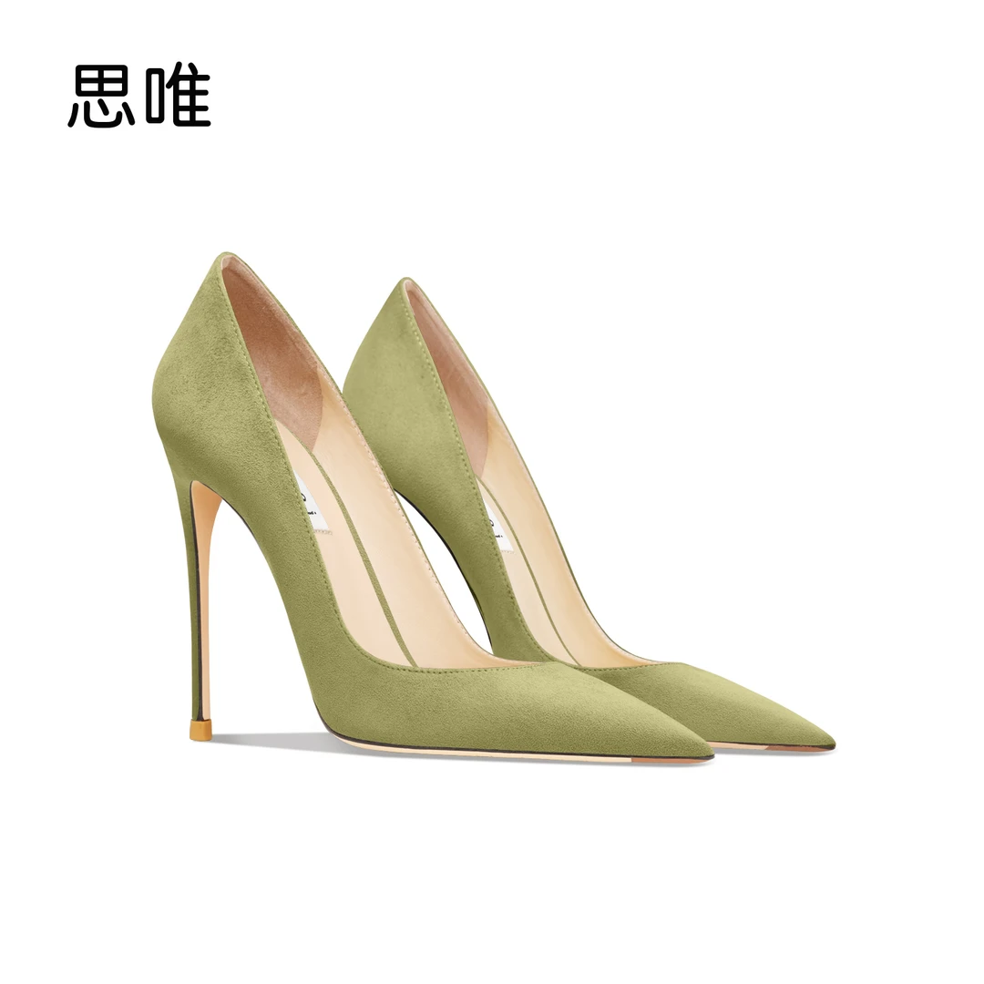 时尚草绿色绒面高跟鞋女2025年新款休闲通勤职业羊皮工作单鞋气质