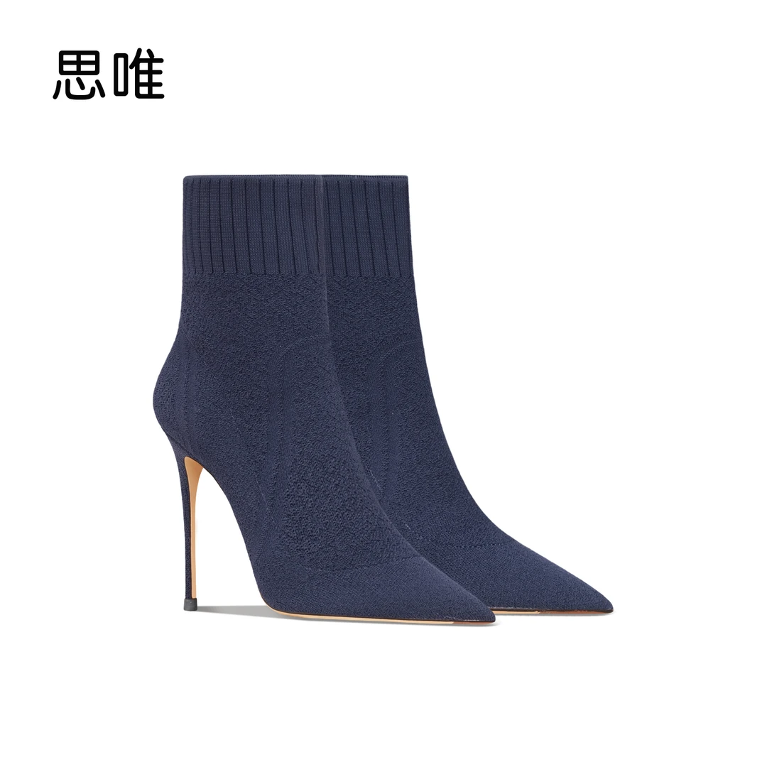 思唯深蓝针织弹力高跟短靴女2025爆款洋气冬尖头裸靴时尚职业单靴