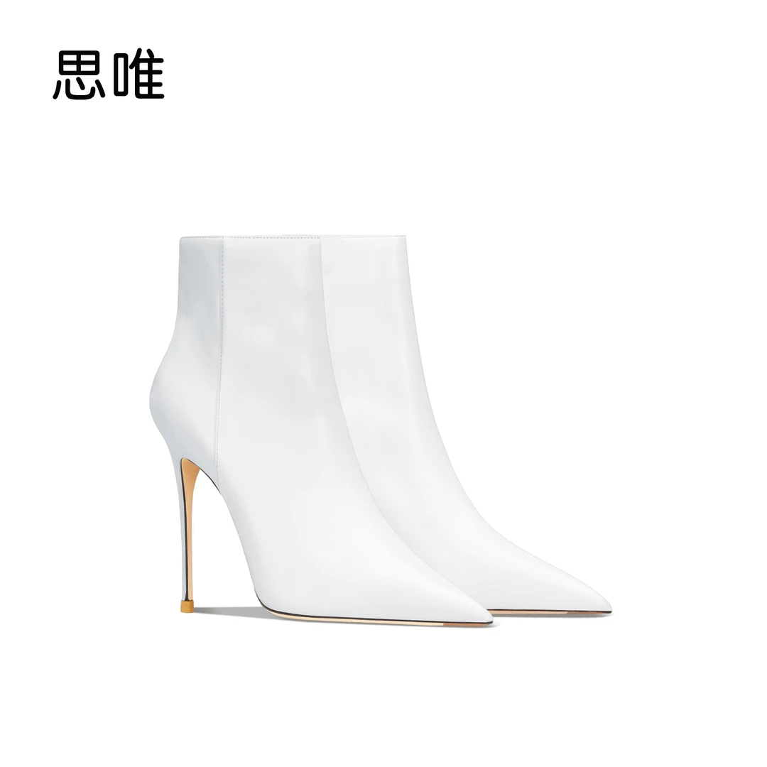 思唯白色拉链高跟短靴女细跟2025爆款洋气细跟冬季加绒高跟鞋单靴