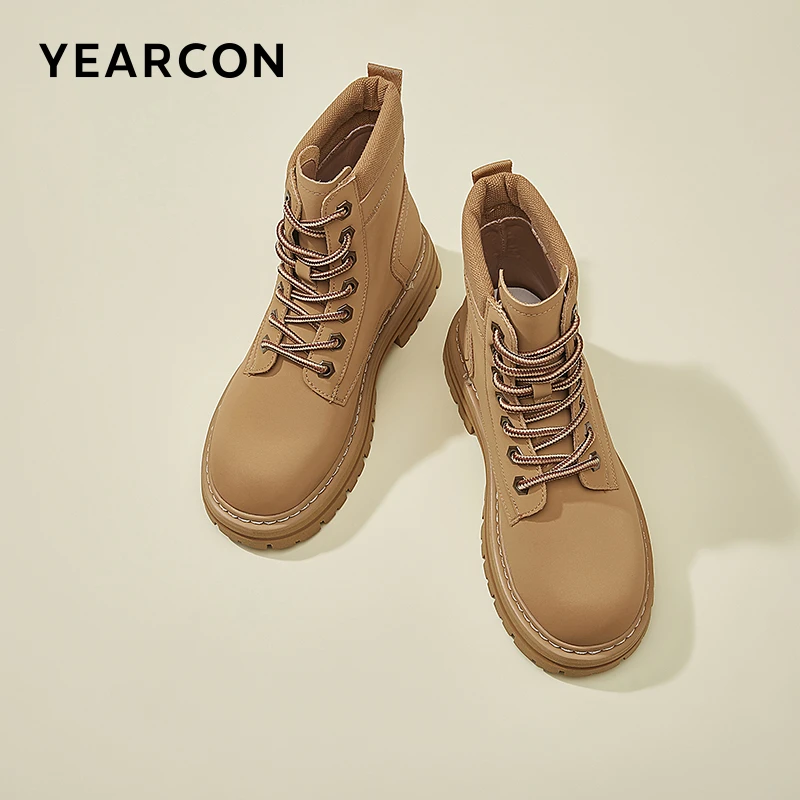 意尔康冬季新款潮流百搭马丁靴圆头中跟粗跟系带女短靴49831W