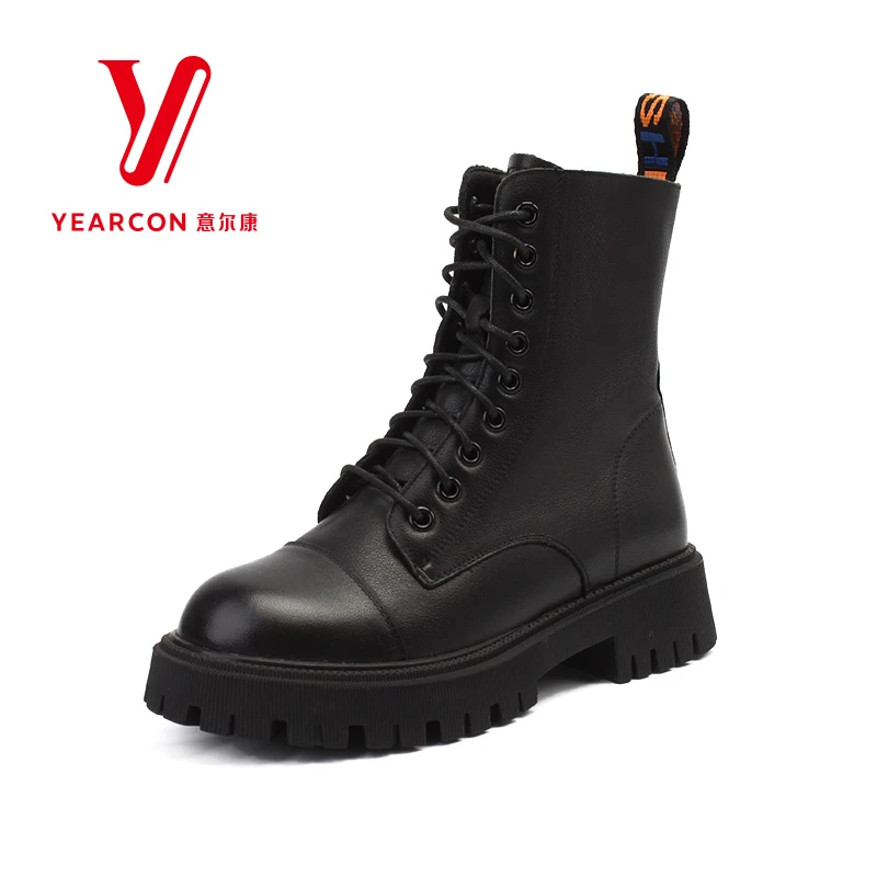 意尔康马丁靴女加绒保暖真皮正品2021新款冬季女靴牛皮休闲187143